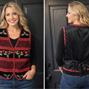 Tantrums Red and Black Plaid Vest with Festive Floral Embroidery